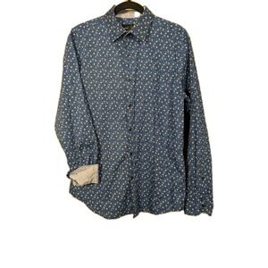 Quieti Shirt Mens Medium Blue Navy Flower Print Button Down Long Sleeve Cotton